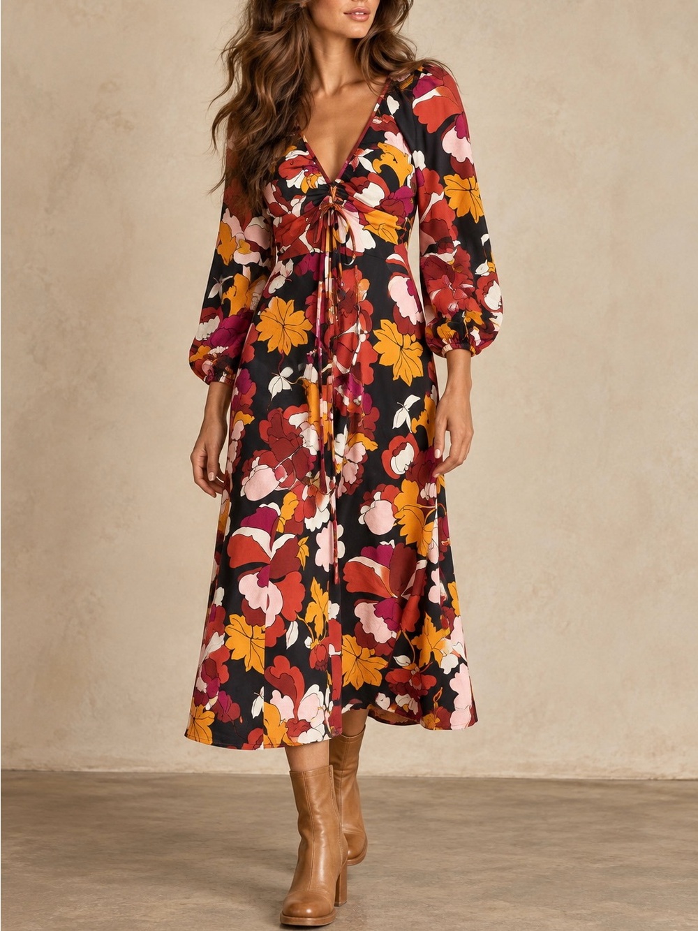 MAEVE x ANTHROPOLOGIE Deep V Ruched Midi Dress Retro Floral Print